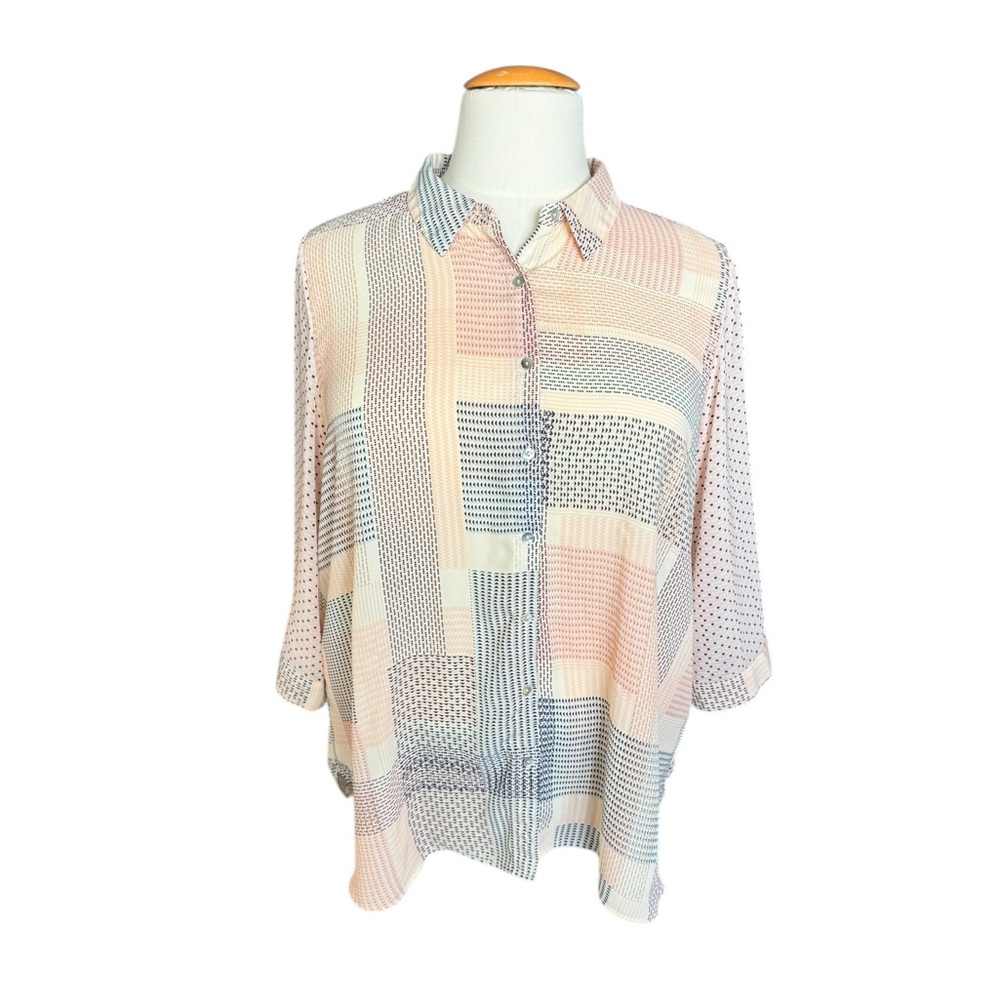 Rose + Olive Patchwork Dot Blouse 2x Button Down … - image 1